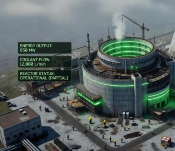 Widok elektrowni jądrowej w grze Reactor - Energy Sector Tycoon z reaktorami i liniami przesyłowymi