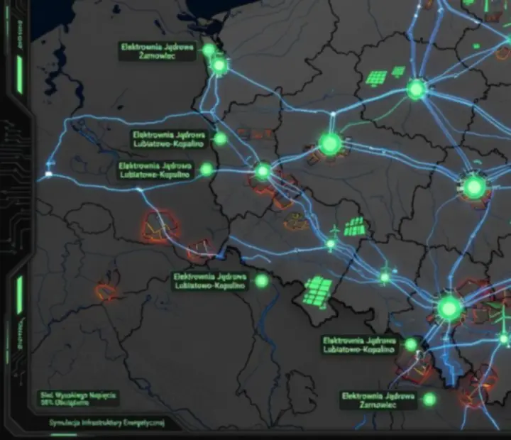 Techniczna mapa Polski z planowanymi lokalizacjami elektrowni jądrowych i liniami wysokiego napięcia w Reactor - Energy Sector Tycoon