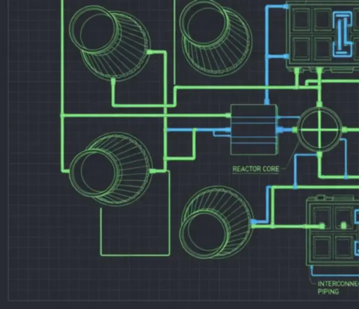 Techniczny blueprint elektrowni z wieżami chłodniczymi, turbinami i przepływem neutronów