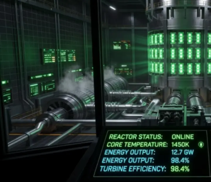 Techniczny interfejs pobierania Reactor - Energy Sector Tycoon z neonowo zielonym reaktorem i siatką kontrolną