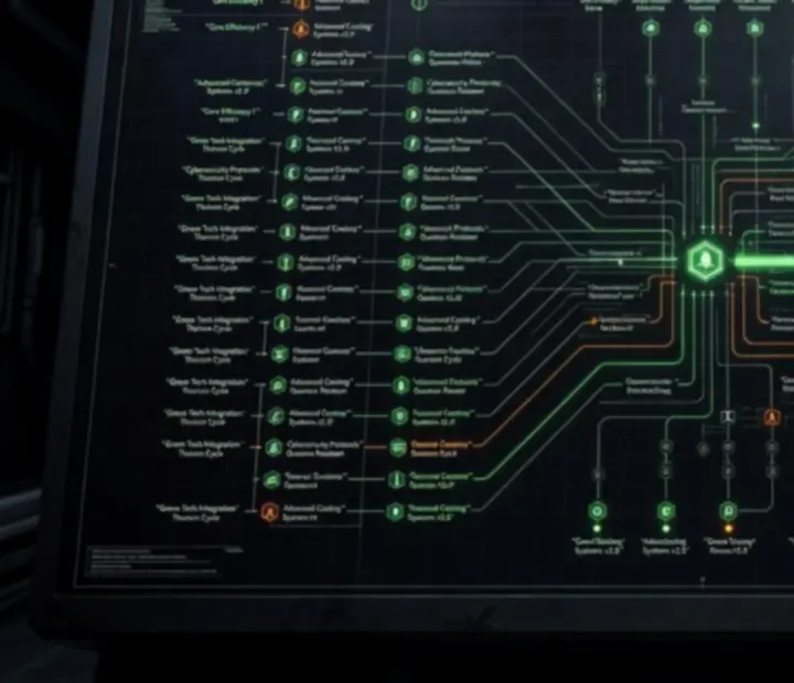 Drzewko technologiczne ulepszeń reaktora w neonowej, siatkowej stylistyce