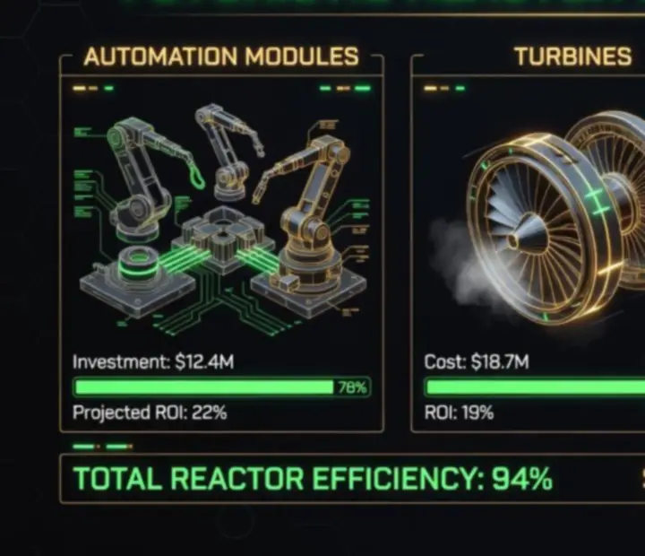 Panel ulepszeń technologicznych z analizą ROI w Reactor - Energy Sector Tycoon